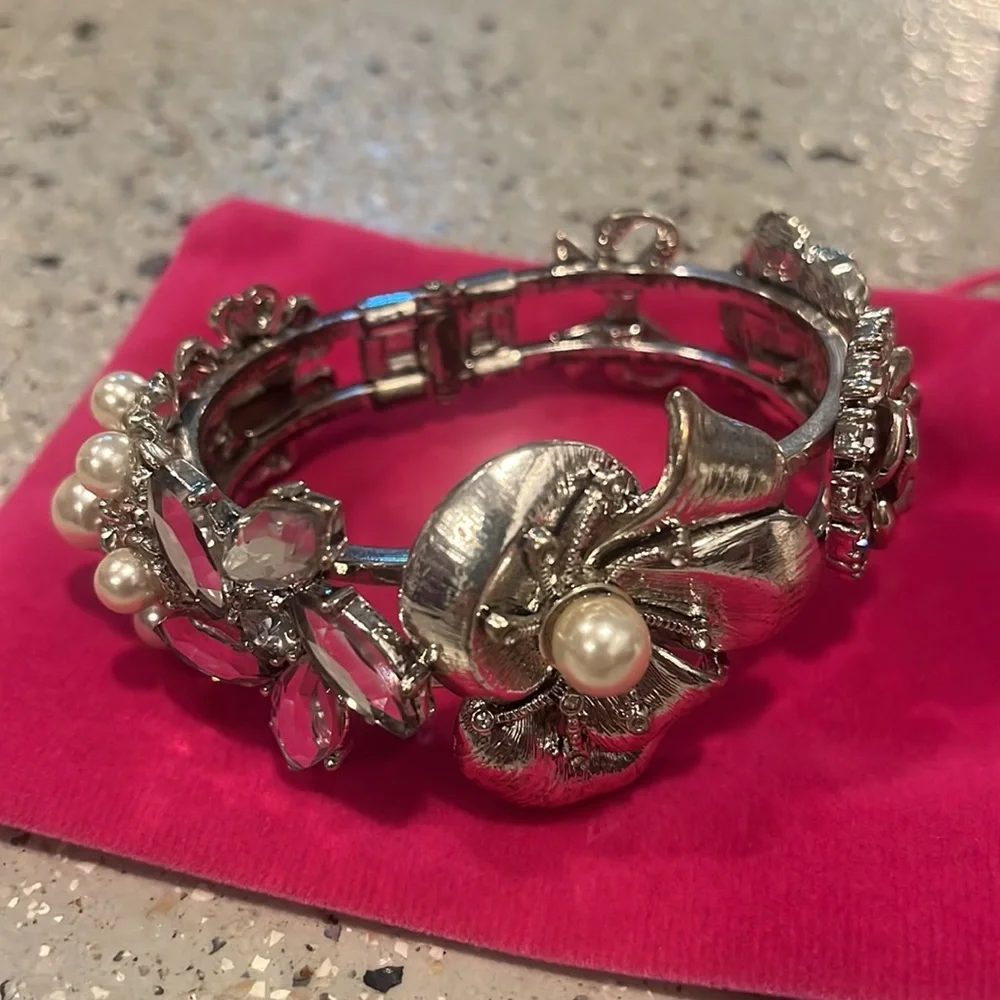 SILVER TONE FLORAL CUFF BRACELET WITH FAUX PEARLS AND RHINESTONES